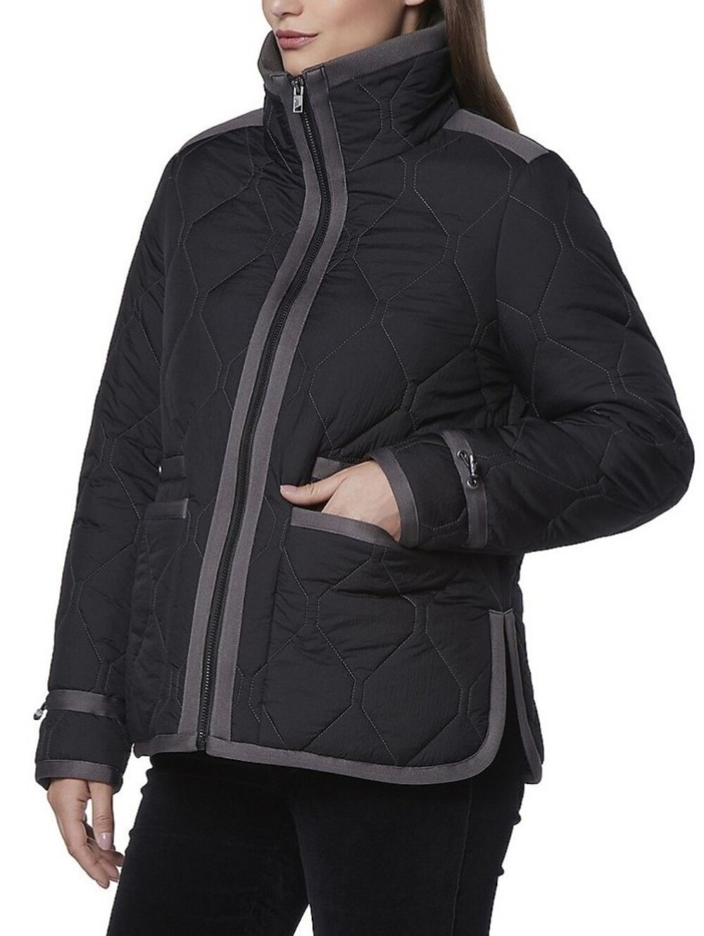 Andrew Marc Black Quilted Jacket with Gray Trim Accents Size Small